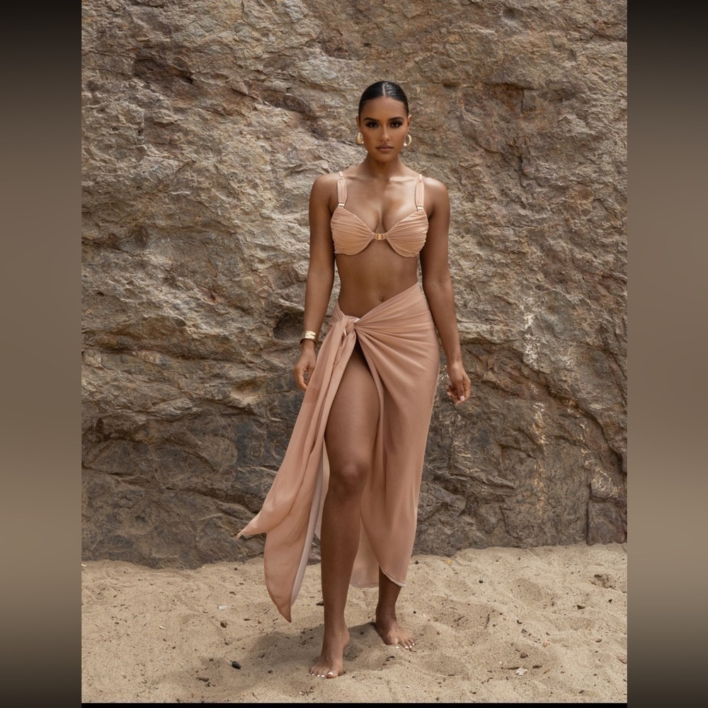 NEW JLUXLABEL Tan Uncharted Waters Mesh Sarong Maxi Hem Skirt